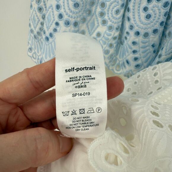 Self-Portrait Embroidered Frill Mini Dress Pockets White Baby Blue Women US 6 - Picture 10 of 15